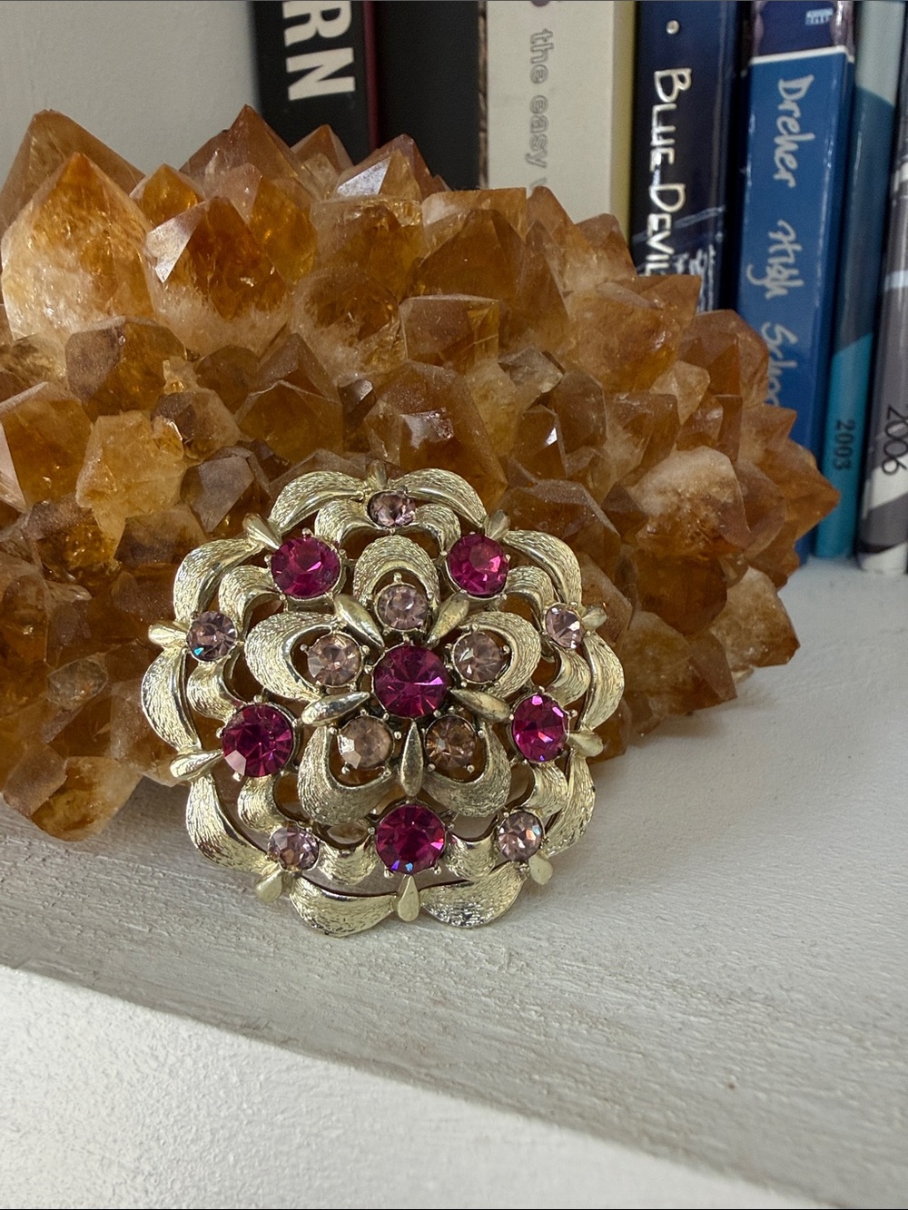 Coro Gold-Tone Floral Brooch with Deep Fuchsia and Pale Pink Stones